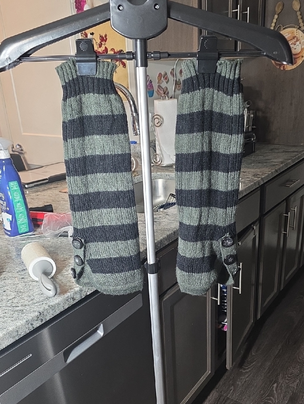 Striped Knit Leg Warmers - Olive Green & Black